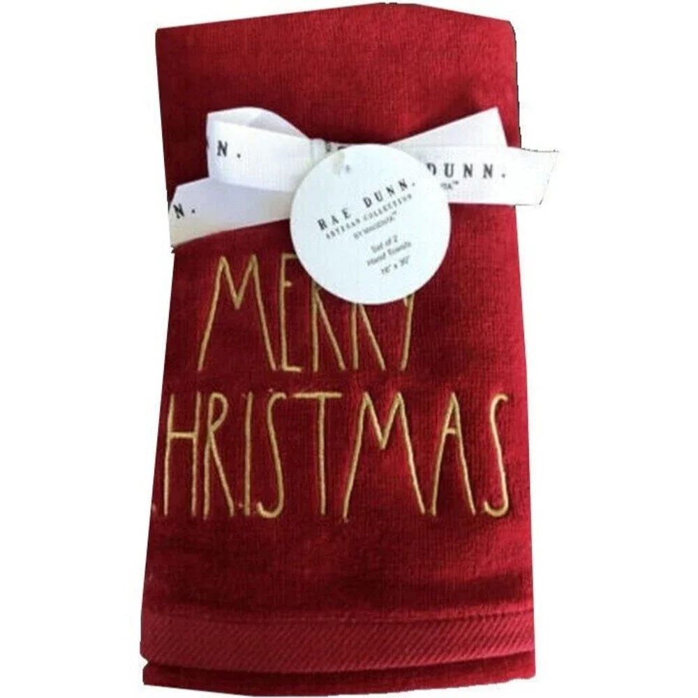 Rae Dunn Merry Christmas Hand Towels Red Gold Guest Bath Embroidered Set of 2
